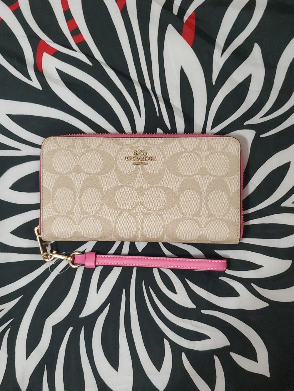 Coach Beige and Pink Signature Zip Around Wallet